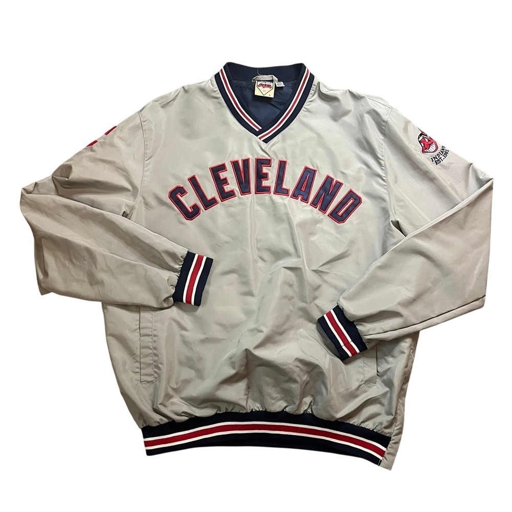 Vintage Rare 90s Cleveland Indians MLB Windbreaker Pullover Grey L Chief Wahoo